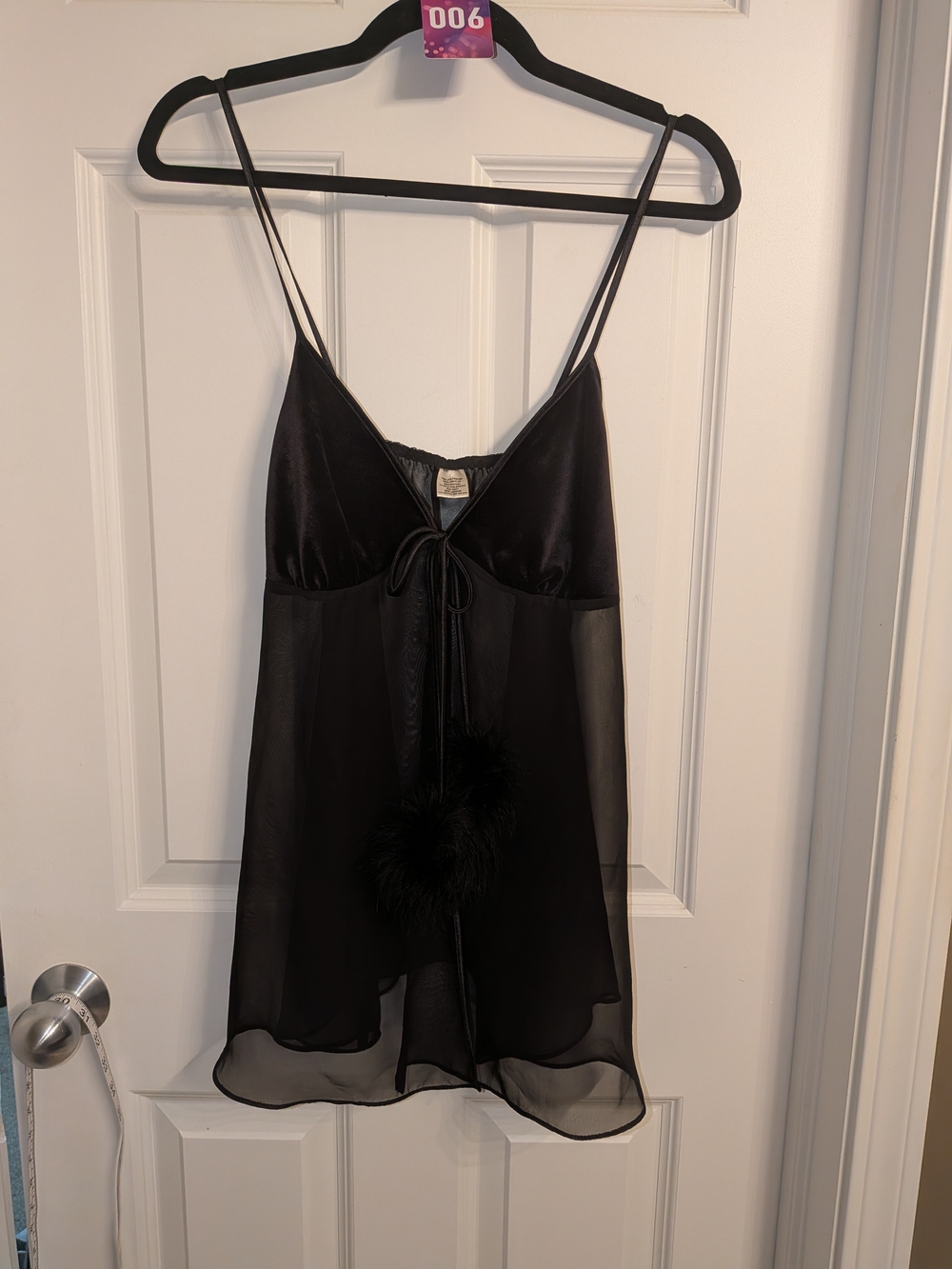 Black Sheer Chemise Nightgown with Feather Pom Tie